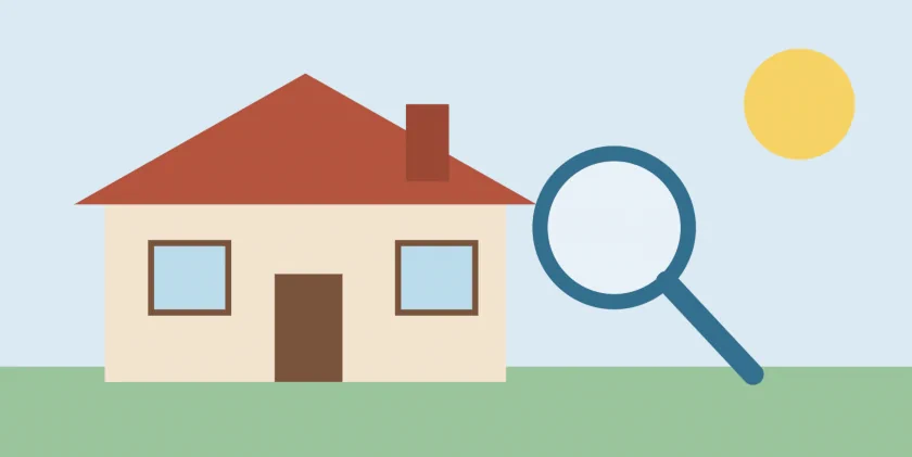 Illustrated beige house with a brown roof, blue windows, and a yellow sun, examined by a large blue magnifying glass